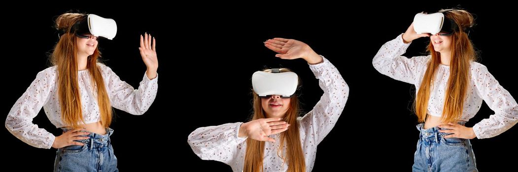 vr gooles and girl. Young woman in white shirt and jeans wearing virtual googles. Woman standing with folded hands. Cyber technology and new virtual reality. metaverse and young generation banner