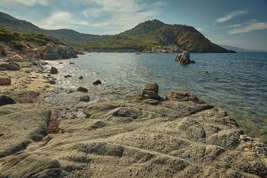Panorama of Cala Sa Figu beach in Sardinia: a corner of pristine and totally natural paradise