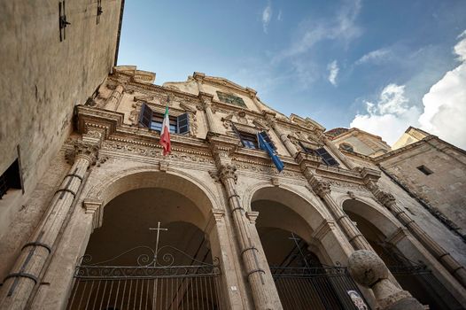 Detail of the facade of a church in the cagliari city taken from below.