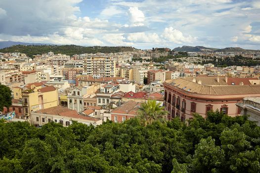 Top view of a district of the city of Cagliari with its characteristic buildings and its particular urban layout.