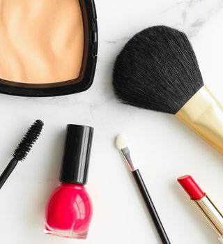 Make-up and cosmetics on marble, flatlay - modern feminine lifestyle, vlog background and styled stock concept. Beauty inspiration in a fashion blog