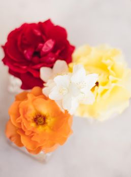 Beautiful floral flatlay composition - wedding decor, florist designed and perfect garden concept. The flowers of love