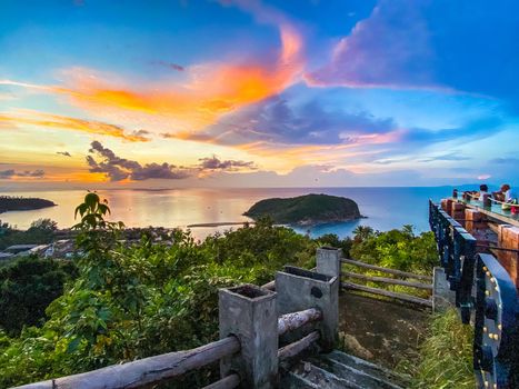 Koh Phangan island sunset view from rooftop bar in Thailand. High quality photo