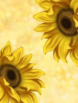 Illustration of sunflowers. Background for the design of the postcard. Illustration of flowers. Bright flowers on a light background. Summer.