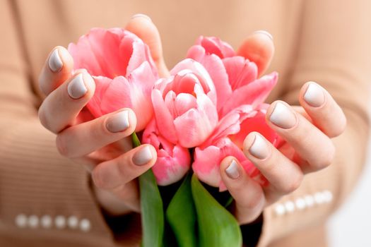 Closeup of pink tulip buds in hands of a young woman. Pink flowers in female hands