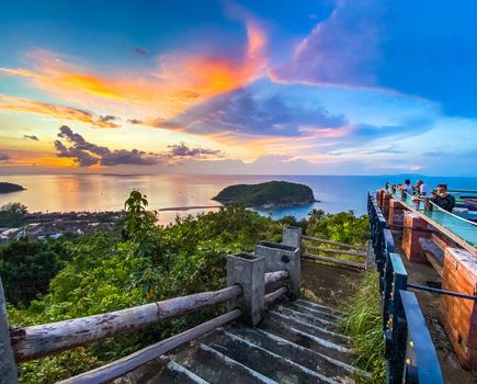 Koh Phangan island sunset view from rooftop bar in Thailand. High quality photo