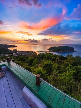 Koh Phangan island sunset view from rooftop bar in Thailand. High quality photo