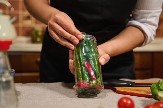 Details: Hands of a housewife in black chef's apron holding a sterilized jar filled with fresh organic red and green spicy chili peppers, prepared for marinating. Canning and preserving food concept