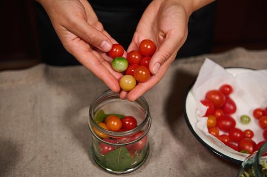 Details: housewife's hands holding handful of delicious, organic, homegrown cherry tomatoes and putting it into a sterilized jar for canning, while preparing marinated tomatoes for the winter