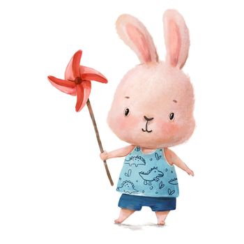 Cute bunny with wind spinner toy. Lovely fluffy rabbit illustration for nursery t shirt, kids apparel, invitation. Hare with clothes character isolated on white