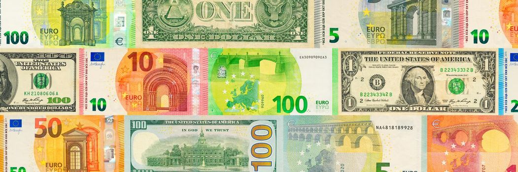 Euro and USD banknotes creative layout. Background of European banknotes and United States banknotes. euro and usd money of different denominations abstract background