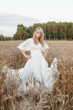 A blonde woman in a long white dress walks in a wheat field. The concept of a wedding and walking in nature.