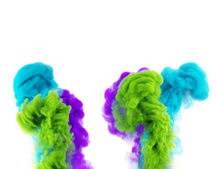 Puffs of magic multicolor smoke. Green and violet and blue. Fog multicolor texture. 3D render abstract background.