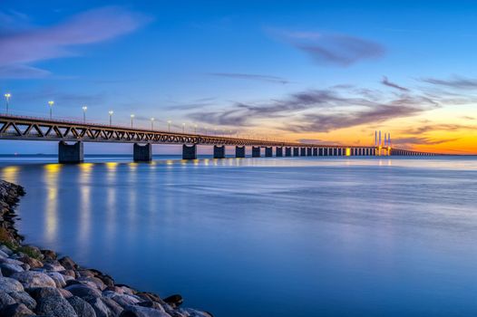 The Oresund bridge between Denmark and Sweden at twilight