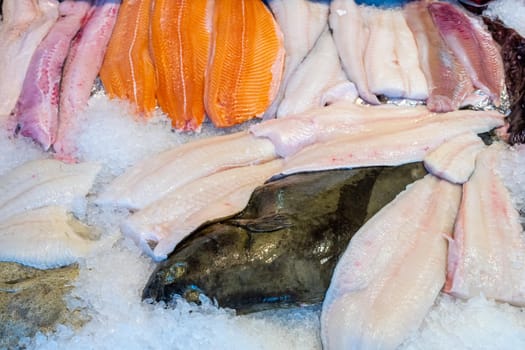 Fresh fish fillets for sale at the fish market in Bergen, Norway