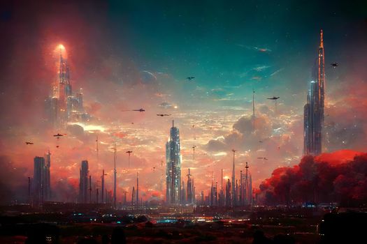 dreamy futuristic city in space with colorful clouds and high rise spire-like skyscrapers, neural network generated painting art. Digitally generated image. Not based on any actual scene or pattern.