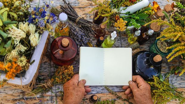 Grandmother makes tinctures from medicinal herbs. Selective focus. People.