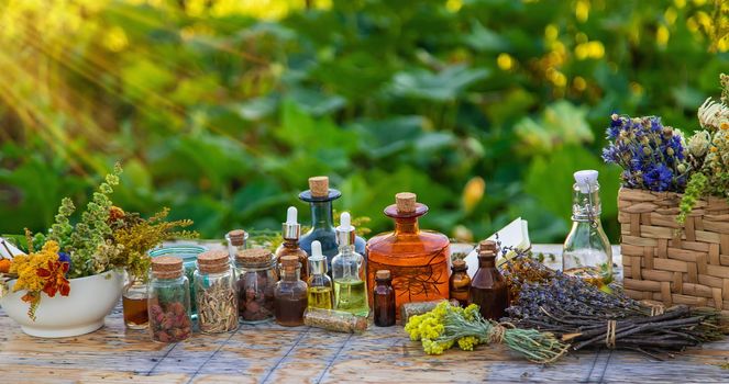 Medicinal herbs and tinctures on the table. Selective focus. Nature.