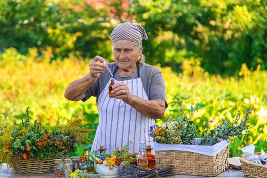 Grandmother makes tinctures from medicinal herbs. Selective focus. People.