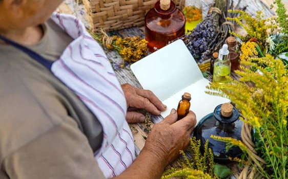 Grandmother makes tinctures from medicinal herbs. Selective focus. People.