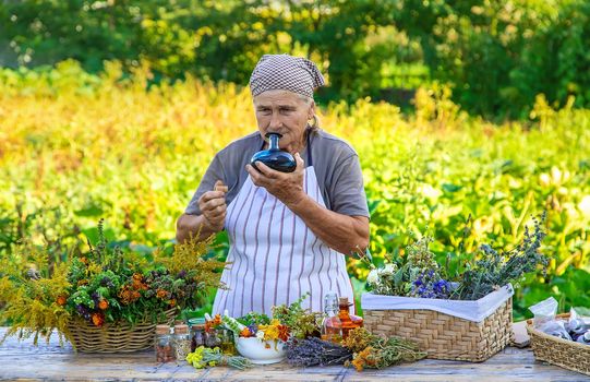 Grandmother makes tinctures from medicinal herbs. Selective focus. People.