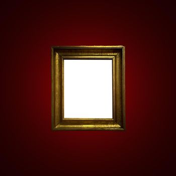 Antique art fair gallery frame on royal red wall at auction house or museum exhibition, blank template with empty white copyspace for mockup design, artwork concept