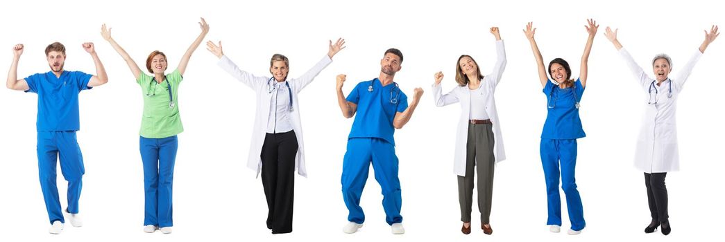 Set of Full length portraits of doctors and nurses medical staff in uniform with raised arms isolated on white background