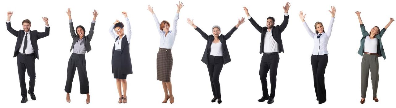 Set of Happy Multi-racial Group Of Business People Raising Arms Over White Background