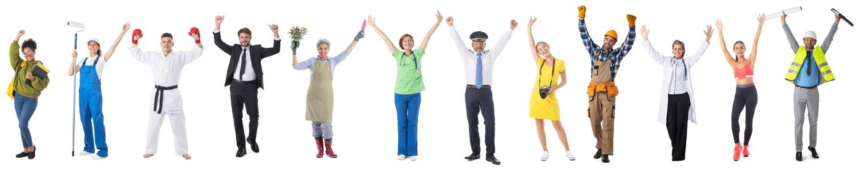 Group set of full portraits of happy people with arms raised representing diverse professions, isolated on white background