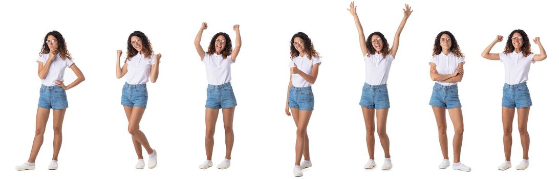 Set of full length portriats of young woman in casual clothes shirt and shorts isolated on white background