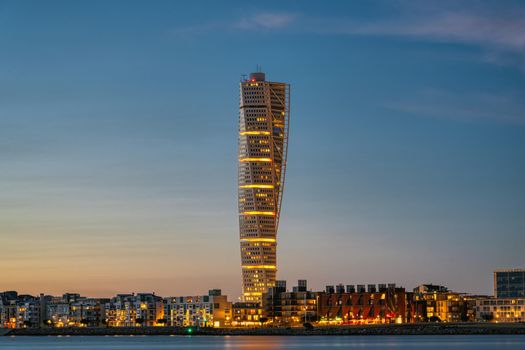 The iconic Turning Torso in Malmo, Sweden, at twilight
