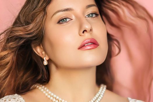 Beauty face portrait, beautiful woman wearing pearl jewellery, wavy hairstyle and chic make-up on pink background, bridal makeup, fashion and glamour model look for skincare, cosmetics and hair care concept