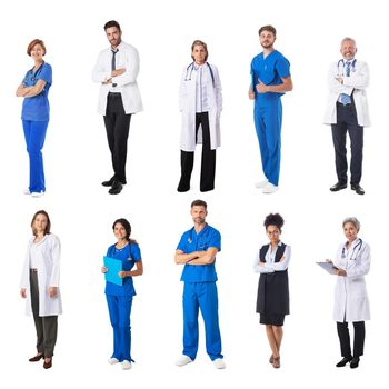 Medical doctor nurse set, heathcare workers, set of full length portraits isolated on white background design elements