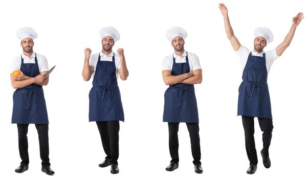 Set of full length portraits of portraits of chef cook man gesturing isolated on white background