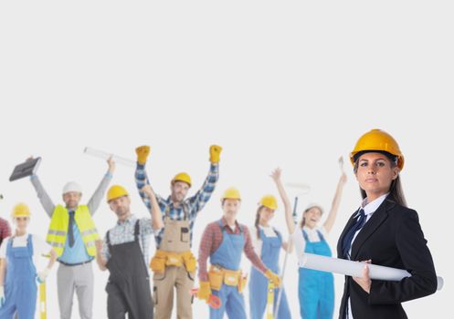 Female architect and confident construction industry workers with arms raised isolated on white background