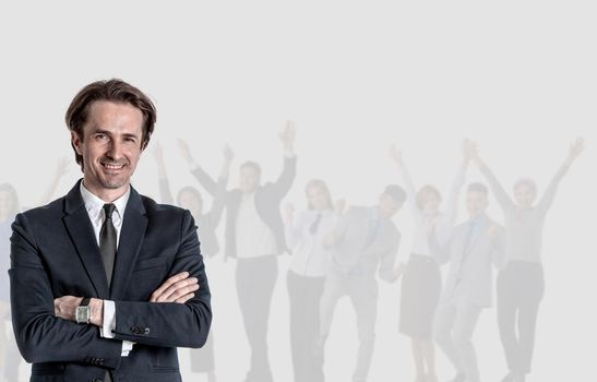 Successful businessman and his business team on background gray background with copy space