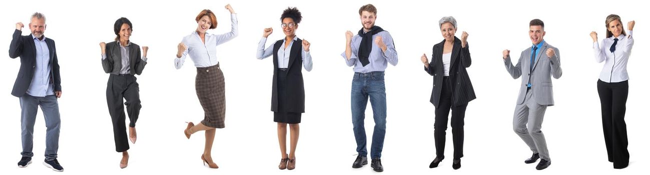 Successful excited happy Business people holding fists yes gesture, set of full length portraits studio isolated on white background