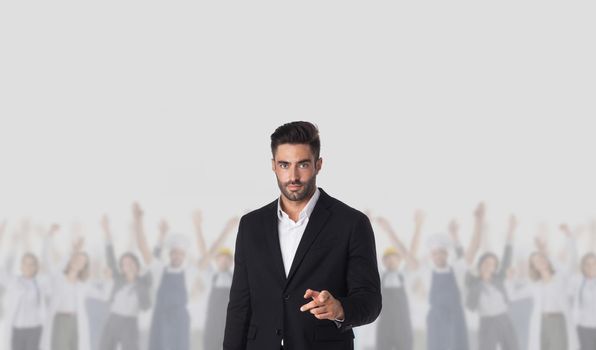 Businessman HR pointing at you in front of crowd of different industries professions people cooperation job search staff management concept, choose you for work