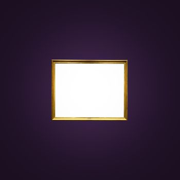 Antique art fair gallery frame on royal purple wall at auction house or museum exhibition, blank template with empty white copyspace for mockup design, artwork concept