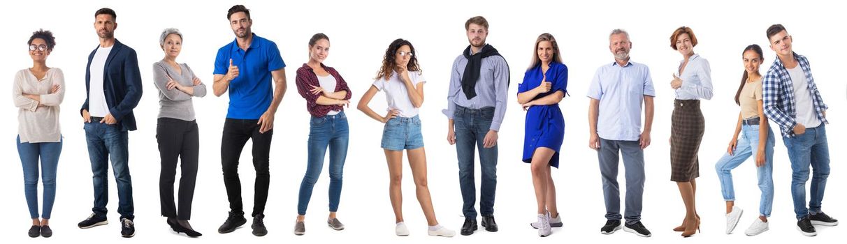 Group set of casual people gesturing full body isolated on white background