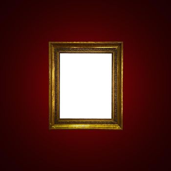 Antique art fair gallery frame on royal red wall at auction house or museum exhibition, blank template with empty white copyspace for mockup design, artwork concept