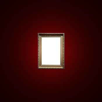 Antique art fair gallery frame on royal red wall at auction house or museum exhibition, blank template with empty white copyspace for mockup design, artwork concept