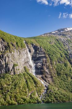 Beautiful and imposing Norwegian fjord in spring with its waterfalls.