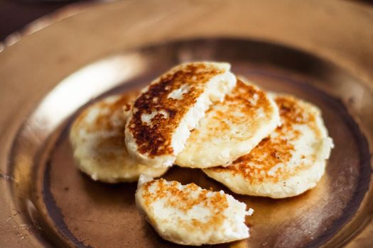 Lactose free, low carb cottage cheese pancakes, cookbook recipe - healthy nutrition, rustic and traditional food concept. Your favourite homemade breakfast is served