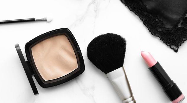 Make-up and cosmetics on marble, flatlay - modern feminine lifestyle, vlog background and styled stock concept. Beauty inspiration in a fashion blog