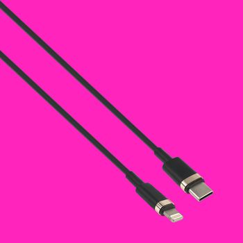 cable with Type-C and Lightning connector, isolated on a red background