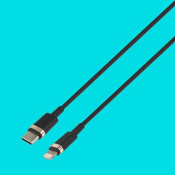 cable with Type-C and Lightning connector, isolated on a blue background