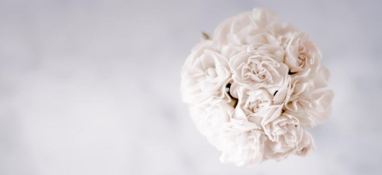 Bridal bouquet of white roses - wedding day, floral beauty, luxury event decoration concept. The happiest day of our lives