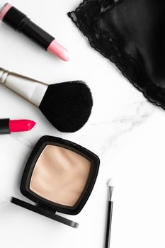 Make-up and cosmetics on marble, flatlay - modern feminine lifestyle, vlog background and styled stock concept. Beauty inspiration in a fashion blog