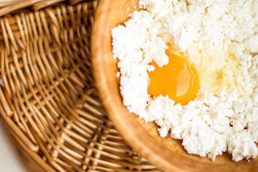 Flour, eggs and cottage cheese, rustic cookbook recipe - weekend cooking, food blog and homemade cuisine concept. Making your favorite pastry